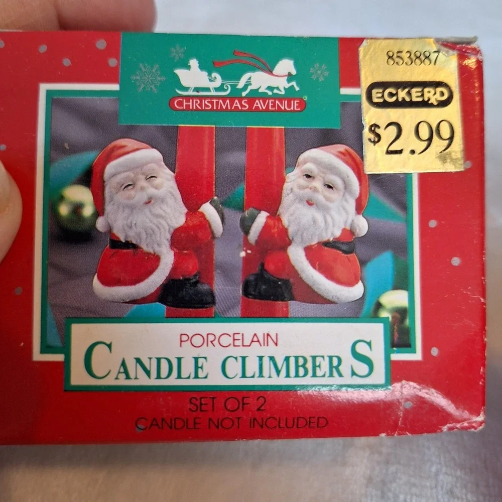 Two New Old Stock Vintage Porcelain Candle Climber‎ Hugger Christmas Santa Bells